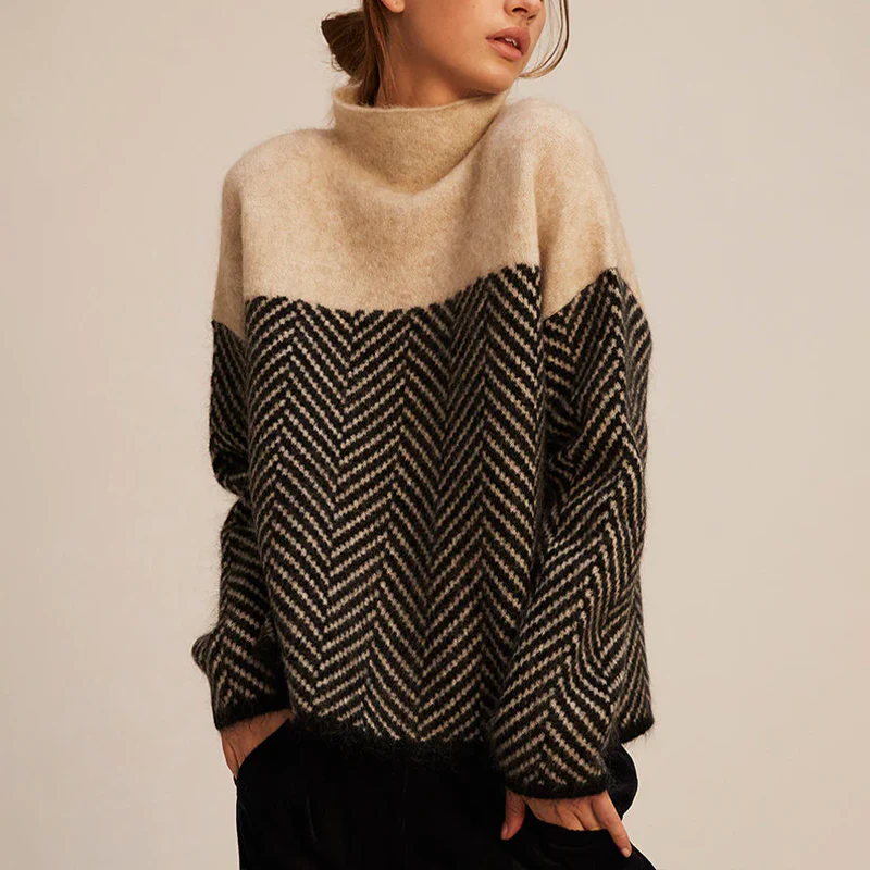 Léa - Luxuriöser, weicher und weiter Rollkragenpullover aus Kaschmir mit geometrischem Muster für den Frühling