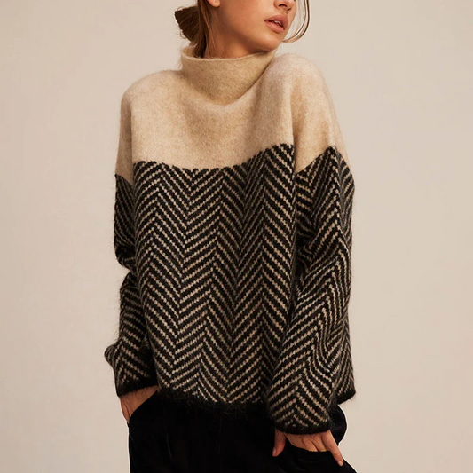 Léa - Luxuriöser, weicher und weiter Rollkragenpullover aus Kaschmir mit geometrischem Muster für den Frühling