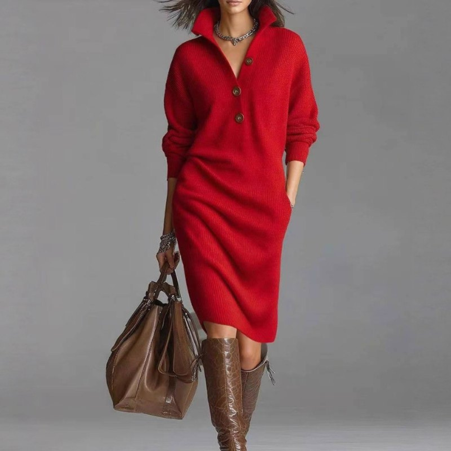 Elva - Midi Hemdblusenkleid aus weicher und bequemer Wolle für Frauen, trendig, mit langen Ärmeln und Knopfkragen, ideal für den Frühling
