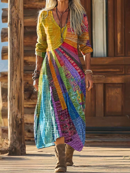 Boho Maxi Kleid für Damen mit buntem Patchwork-Print – Lockeres Sommerkleid mit V-Ausschnitt