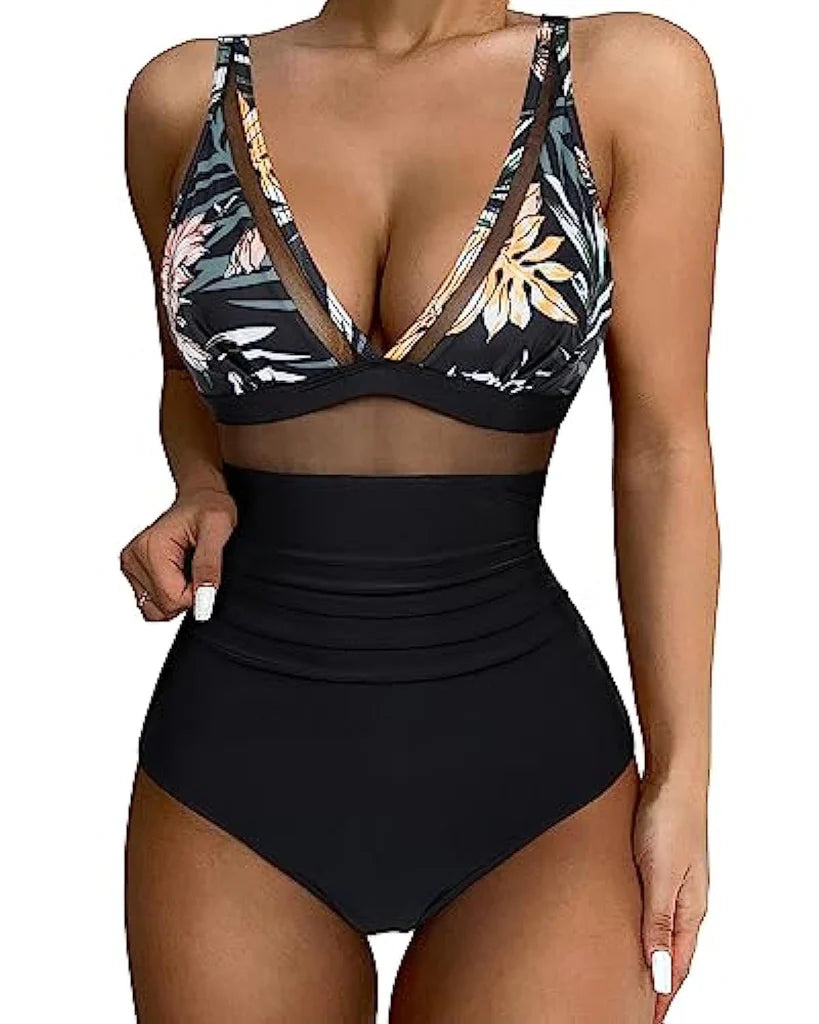 Eleganter Badeanzug für Damen mit Mesh-Details – Tiefem V-Ausschnitt & Figurformend