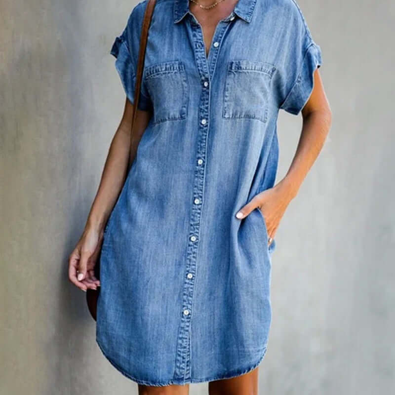 Jeans-Hemdblusenkleid mit Knopfleiste – Damen Freizeitkleid in Lockerer Passform mit Taschen