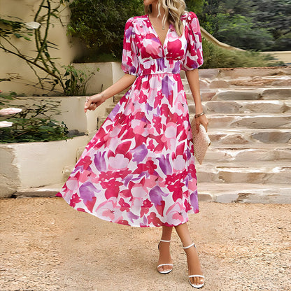 Elegantes Midi Sommerkleid mit V-Ausschnitt & floralem Print – Luftiges Kleid für Damen