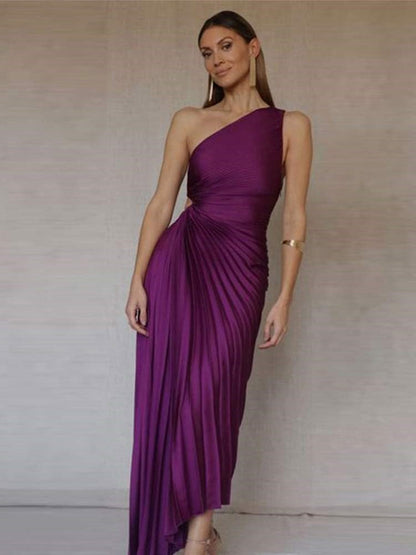 Elegantes One-Shoulder Plissee Kleid mit asymmetrischem Saum für Damen – Figurbetontes Abendkleid