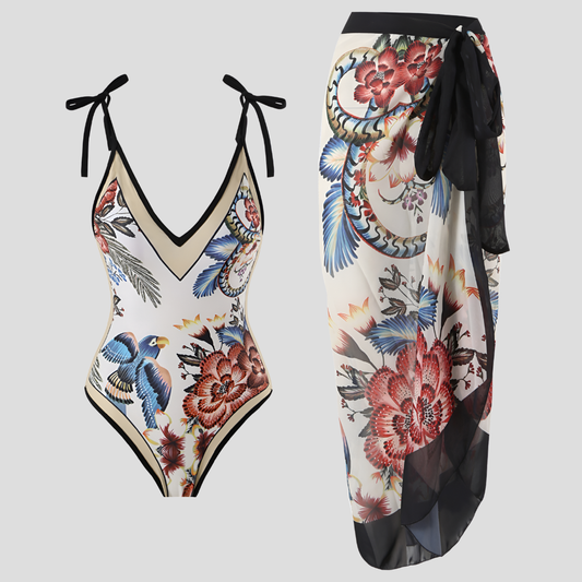 Badeanzug Set mit Pareo – tropischer Print & elegantes Strand-Outfit für Damen