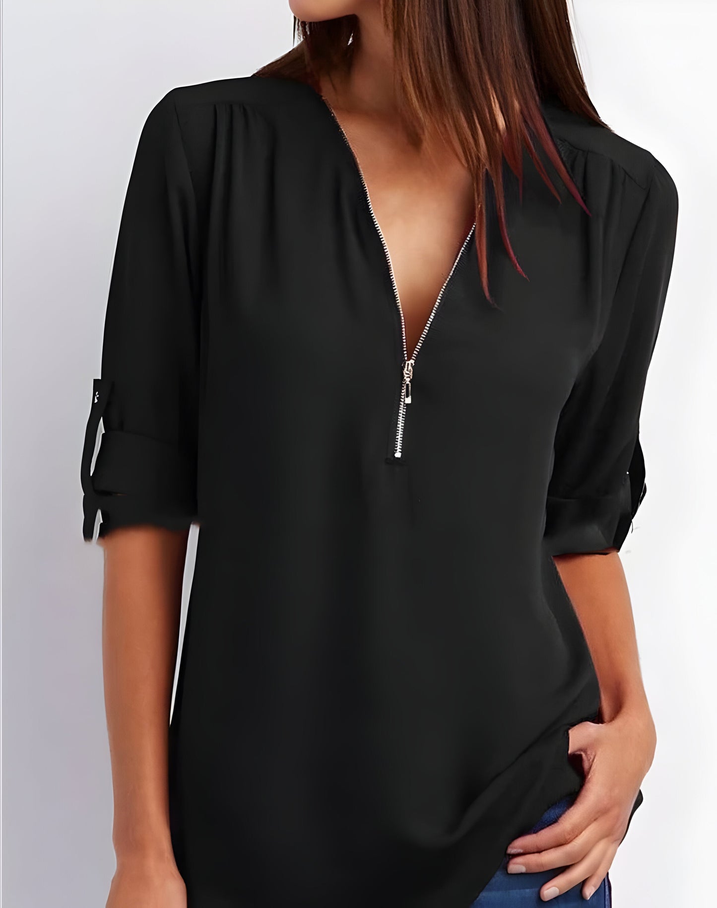 Elegante Damen Bluse mit Reißverschluss-Ausschnitt – Locker & Vielseitig für Alltag & Büro