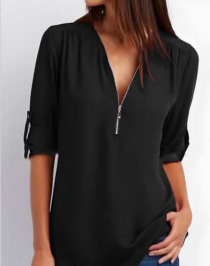 Elegante Damen Bluse mit Reißverschluss-Ausschnitt – Locker & Vielseitig für Alltag & Büro