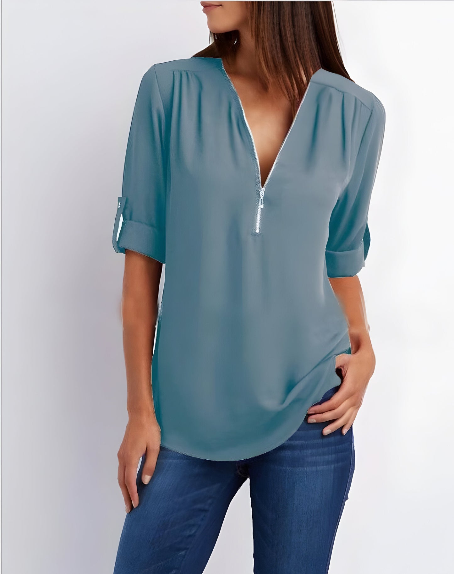 Elegante Damen Bluse mit Reißverschluss-Ausschnitt – Locker & Vielseitig für Alltag & Büro