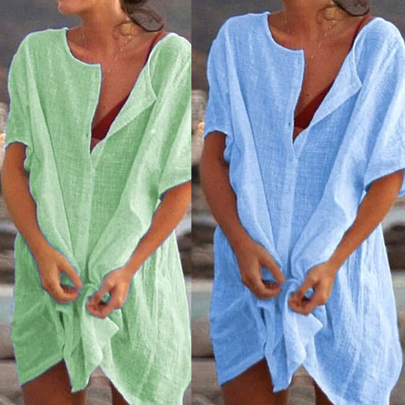 Luftiges Strand-Tunika Kleid mit Knopfleiste & lockerem Schnitt für Damen – Leichtes Sommer Cover-Up