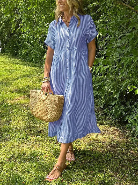 Lässiges gestreiftes Hemdblusenkleid Midi mit Knopfleiste – Luftiges Sommerkleid mit Taschen für Damen