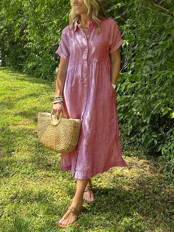 Lässiges gestreiftes Hemdblusenkleid Midi mit Knopfleiste – Luftiges Sommerkleid mit Taschen für Damen