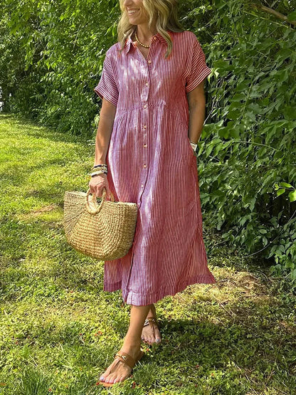 Lässiges gestreiftes Hemdblusenkleid Midi mit Knopfleiste – Luftiges Sommerkleid mit Taschen für Damen