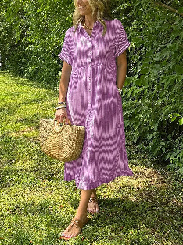 Lässiges gestreiftes Hemdblusenkleid Midi mit Knopfleiste – Luftiges Sommerkleid mit Taschen für Damen