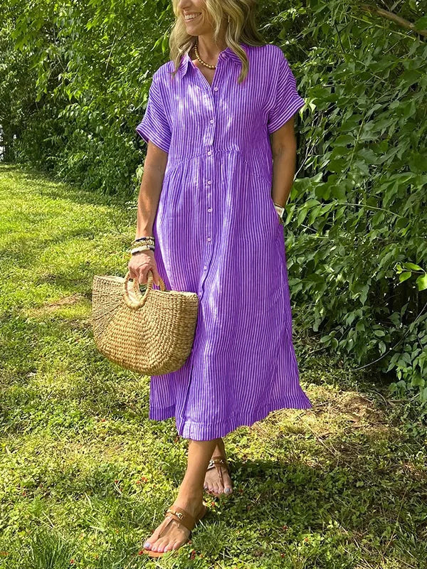 Lässiges gestreiftes Hemdblusenkleid Midi mit Knopfleiste – Luftiges Sommerkleid mit Taschen für Damen