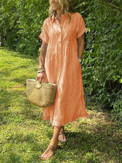 Lässiges gestreiftes Hemdblusenkleid Midi mit Knopfleiste – Luftiges Sommerkleid mit Taschen für Damen