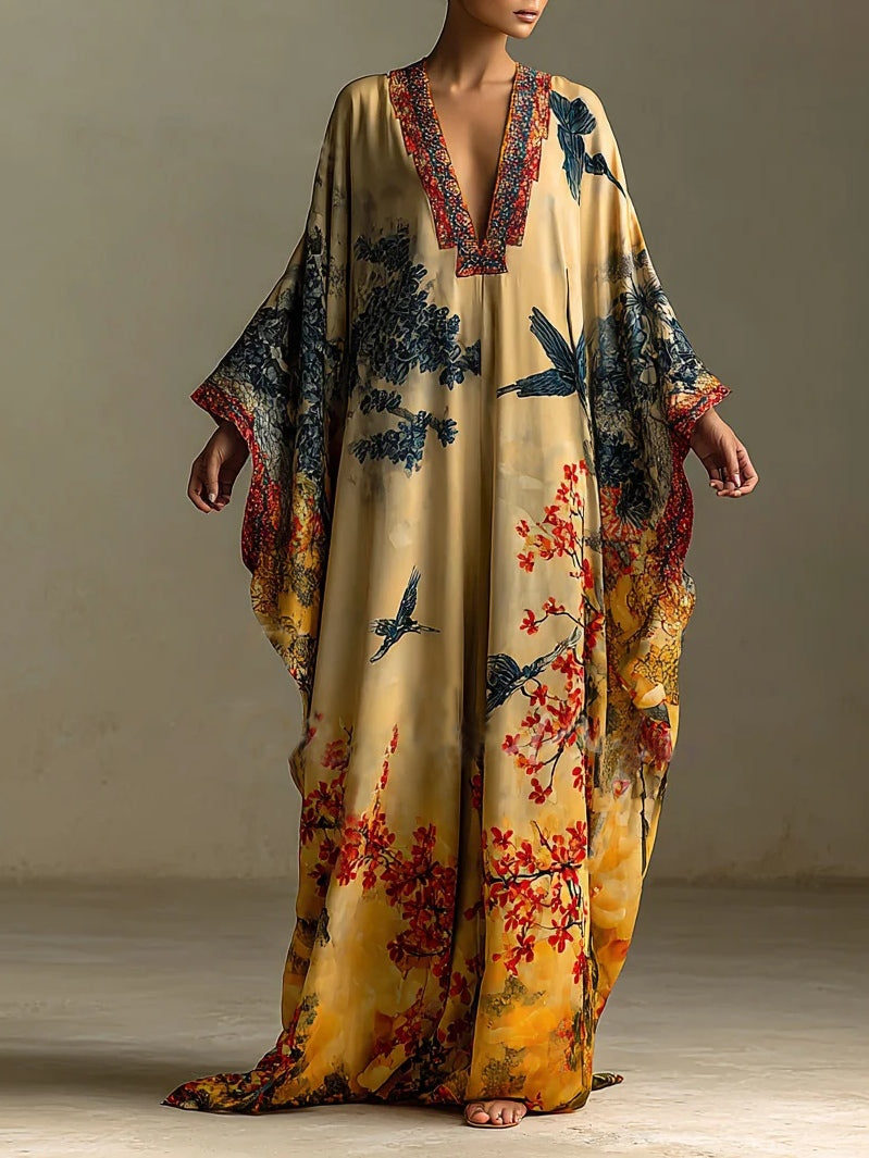 Eberesche - Lange Robe mit Fledermausärmeln und Künstlerischem Druck von Roten Ahornblüten und Vögeln