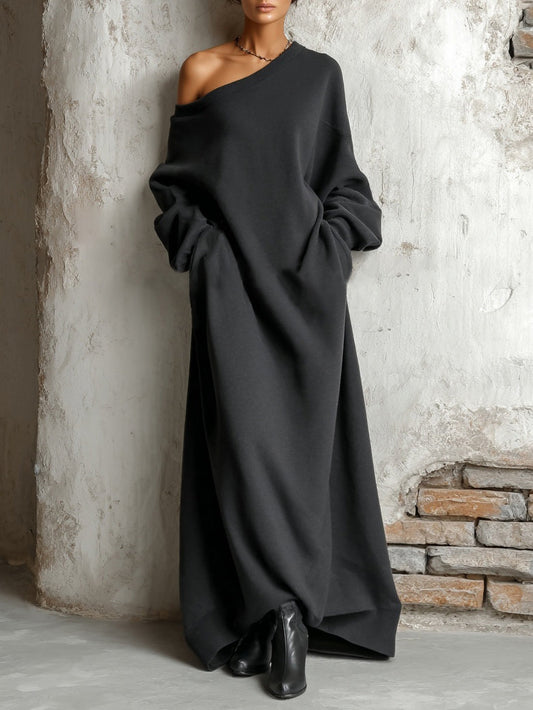 Béatrine - Lange Sweatshirtkleid aus schwarzer Baumwolle mit freien Schultern