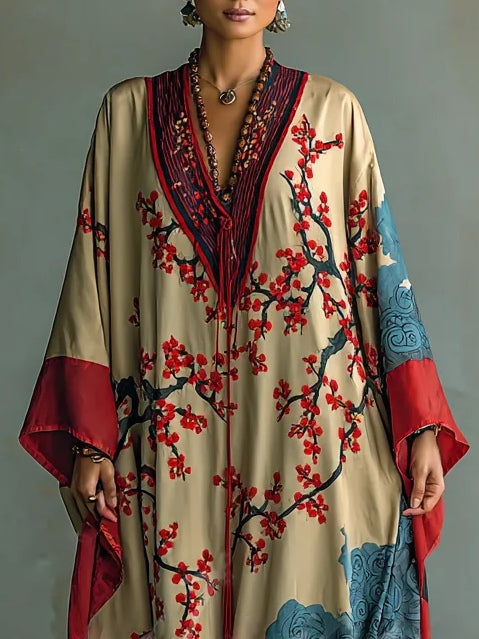 Éclavie - Maxikleid mit Fledermausärmeln und japanischem roten Pflaumenblütenmuster