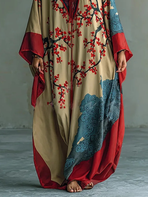 Éclavie - Maxikleid mit Fledermausärmeln und japanischem roten Pflaumenblütenmuster