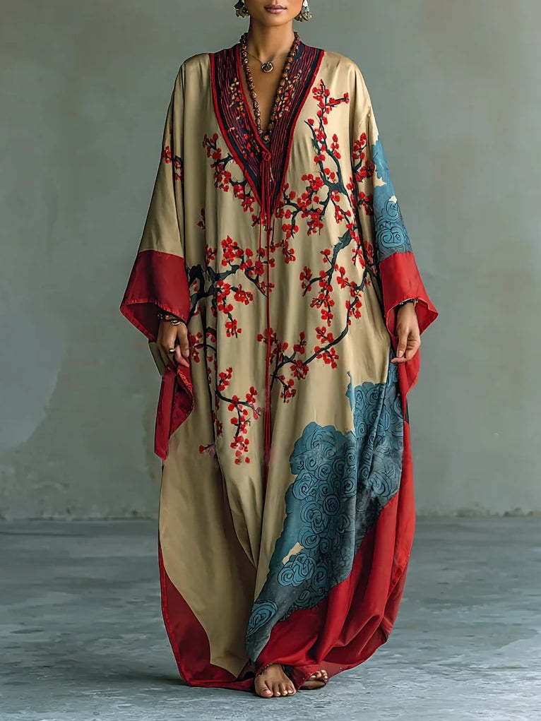 Éclavie - Maxikleid mit Fledermausärmeln und japanischem roten Pflaumenblütenmuster
