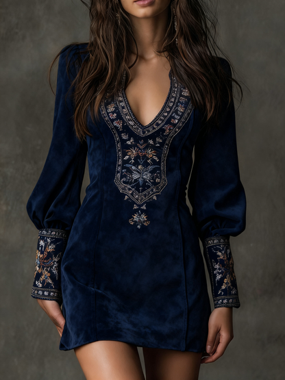 Elegantes Mini Kleid mit Stickerei – Figurbetontes V-Ausschnitt Boho Kleid für Damen