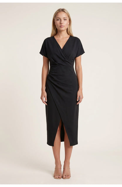 Elegantes Wickelkleid mit V-Ausschnitt für Damen – Figurbetontes Midikleid mit Taillenraffung & Schlitz