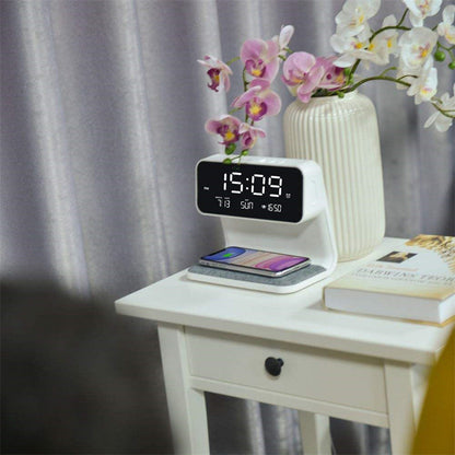 Éclélia - Nachttischlampe 3-in-1 mit kabellosem Ladegerät – LCD-Wecker & dimmbare LED-Touchlampe