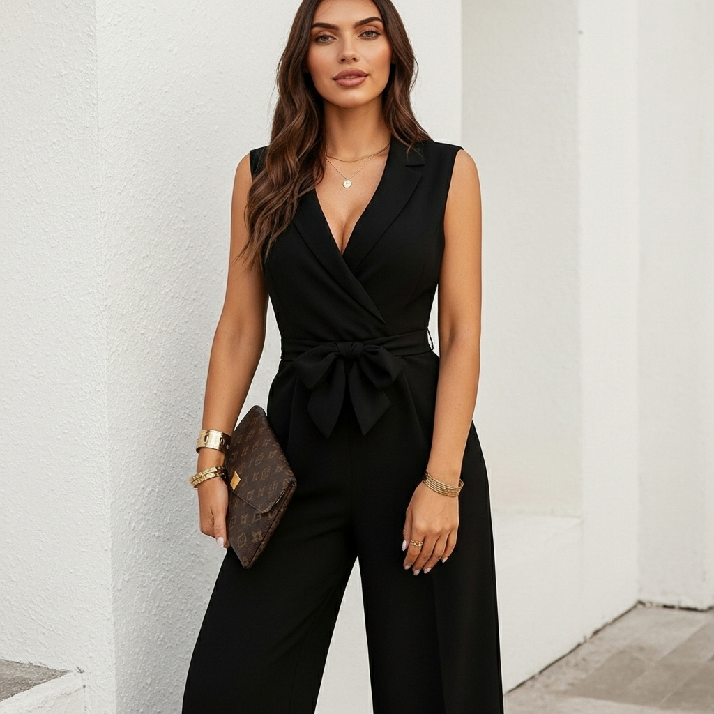 Flavie - Damen Overall mit Wickeloptik, Figurbetont, Weite Beine