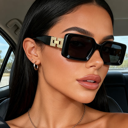 Luxuriöse Rechteck Sonnenbrille für Damen mit Gold-Detail – UV400 Schutz & Eleganter Retro Style