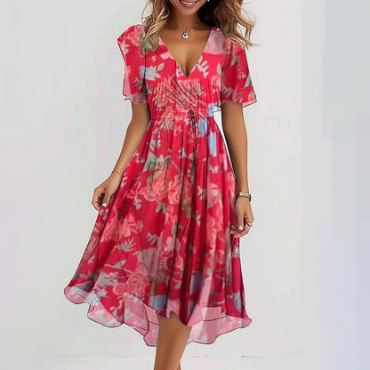 Elegantes Wickelkleid mit Blumenprint für Damen – Luftiges Chiffon Midikleid mit Volantärmeln