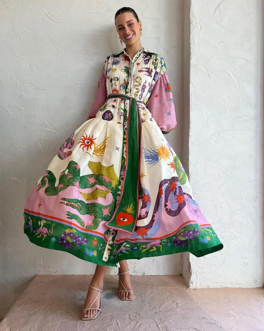 Boho-Maxikleid mit kunstvollem Print für Damen – Elegantes Hemdblusenkleid mit Bindegürtel