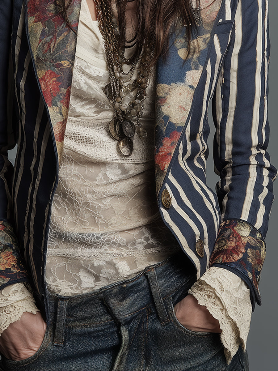 Oréliane - Vintage Ajustierter Blazer im Boho-Chic mit Blumen und Streifen für Frauen