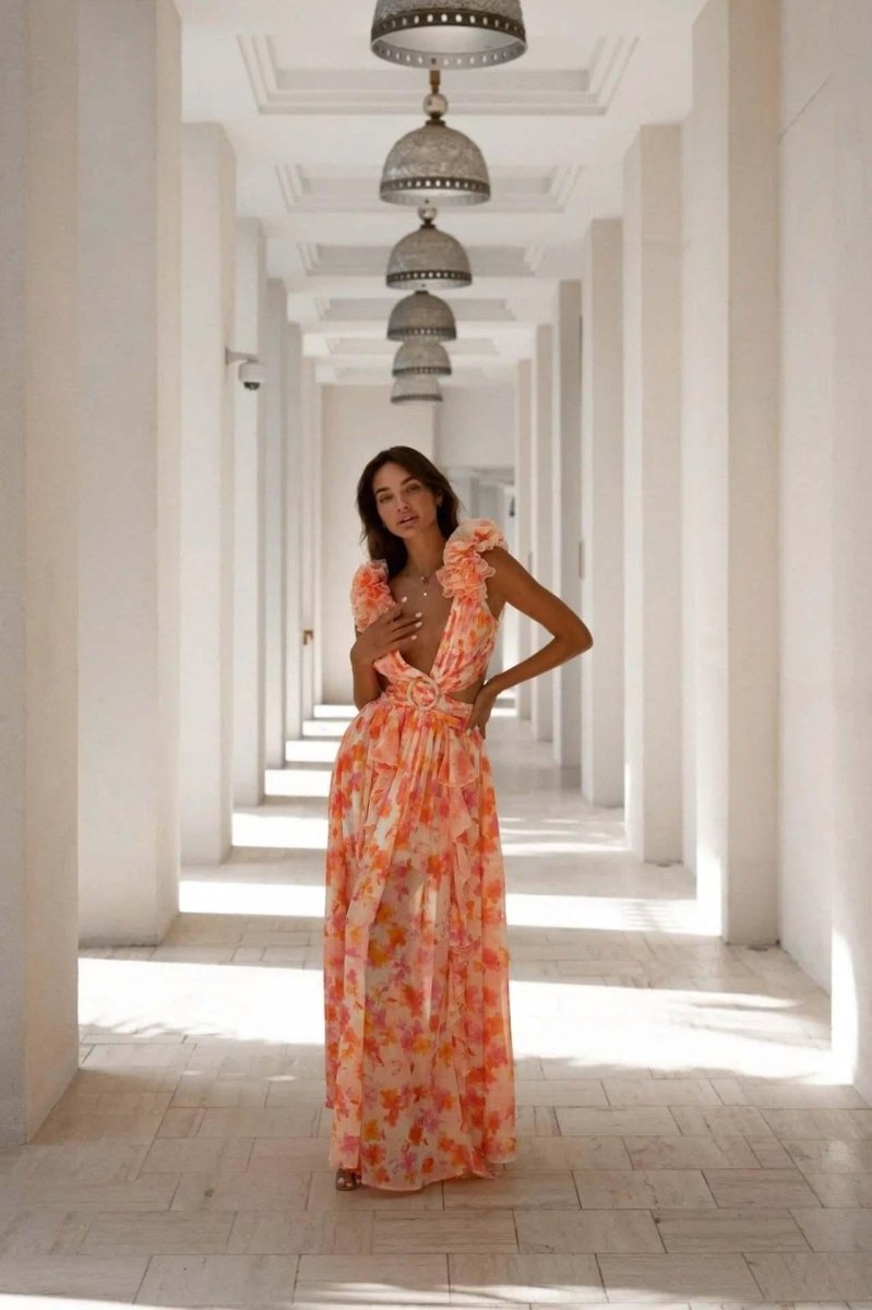 Elegantes Maxikleid mit Floralprint & Volantärmeln – Luftiges Sommerkleid für Damen