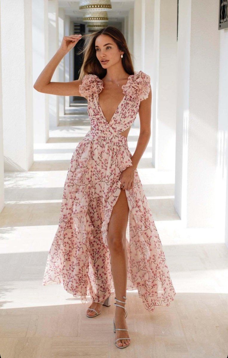 Elegantes Maxikleid mit Floralprint & Volantärmeln – Luftiges Sommerkleid für Damen