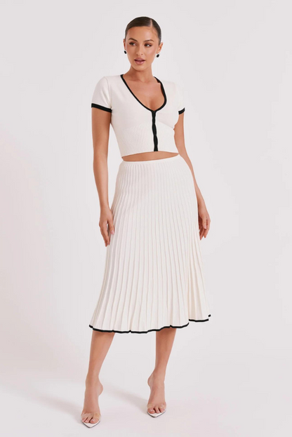 Elegantes Strick-Zweiteiler Set für Damen – Geripptes Midi Rock Set mit Kontrastdetails