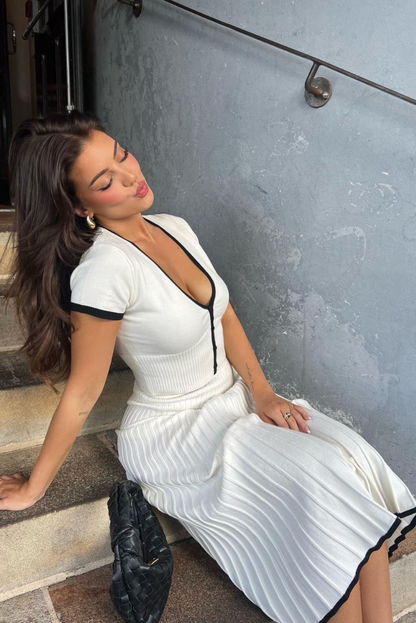 Elegantes Strick-Zweiteiler Set für Damen – Geripptes Midi Rock Set mit Kontrastdetails