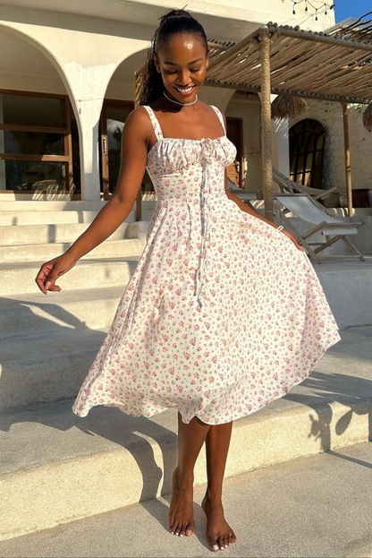 Romantisches Midi Sommerkleid für Damen – Floraler Print & Figurbetonte Passform mit Schnürung