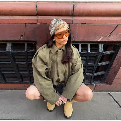Esméline - Elegante Oversize Frühlingsjacke aus Wildlederimitat und Kunstleder mit Kragen und Reißverschluss für Damen