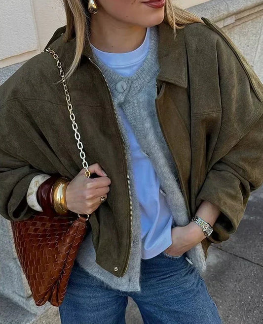 Esméline - Elegante Oversize Frühlingsjacke aus Wildlederimitat und Kunstleder mit Kragen und Reißverschluss für Damen