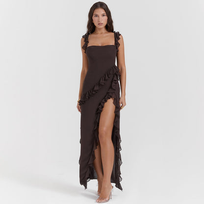 Évanya - Elegantes Maxikleid mit Cascading Rüschendetail und Hohem Schlitz