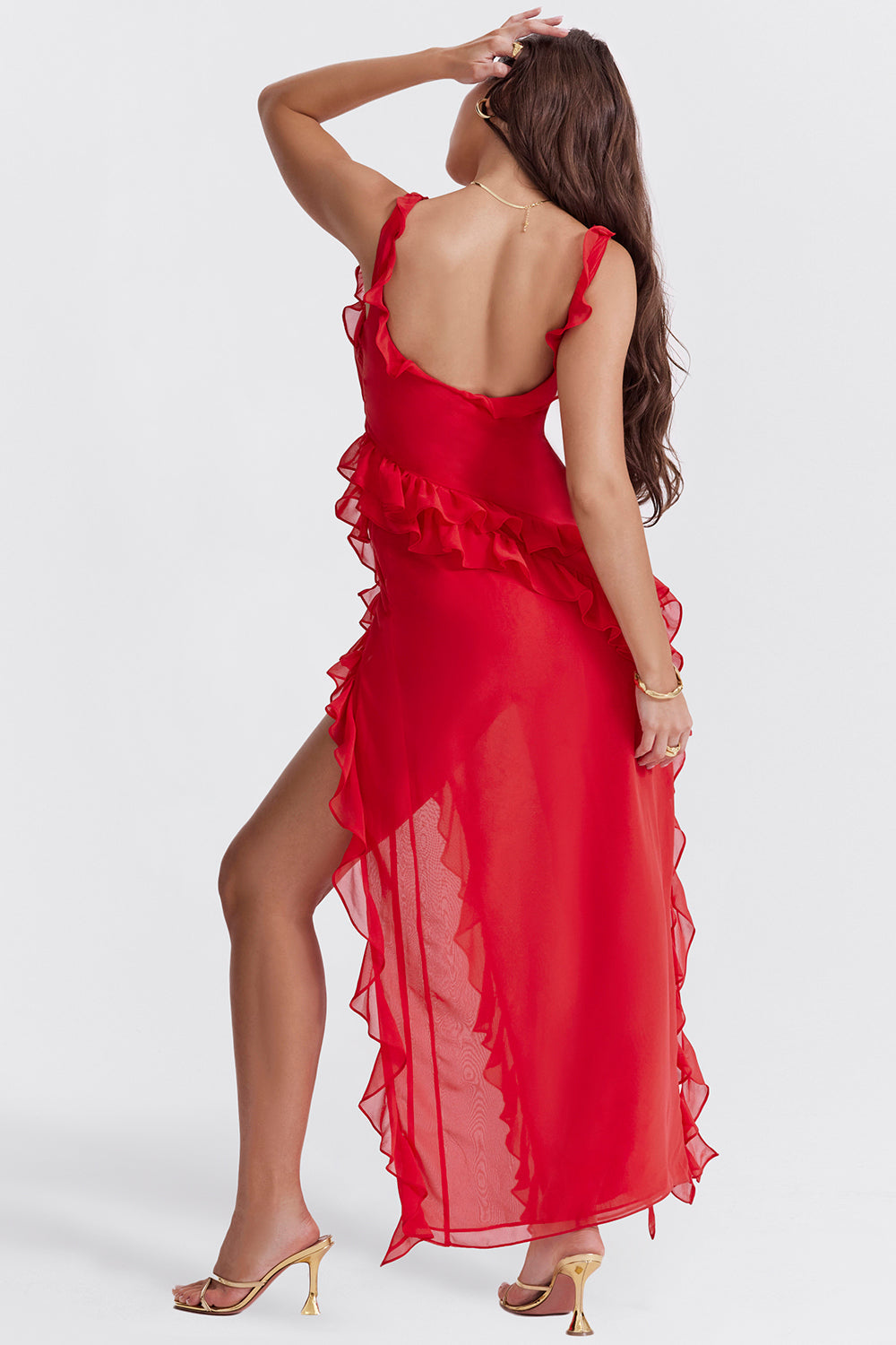 Évanya - Elegantes Maxikleid mit Cascading Rüschendetail und Hohem Schlitz