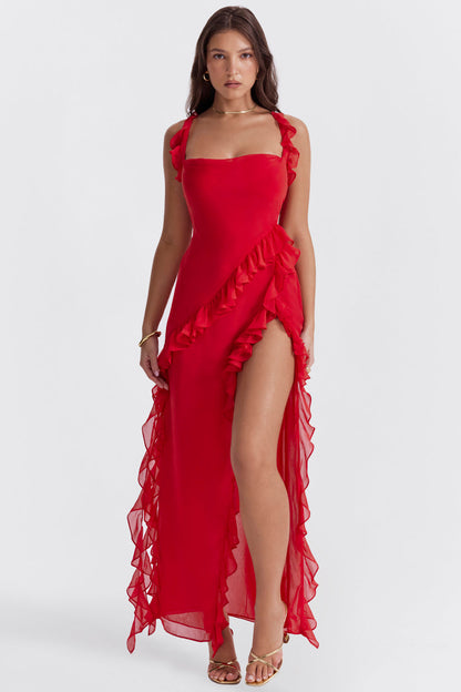Évanya - Elegantes Maxikleid mit Cascading Rüschendetail und Hohem Schlitz