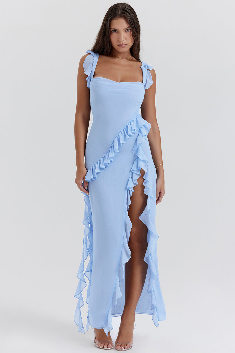 Évanya - Elegantes Maxikleid mit Cascading Rüschendetail und Hohem Schlitz