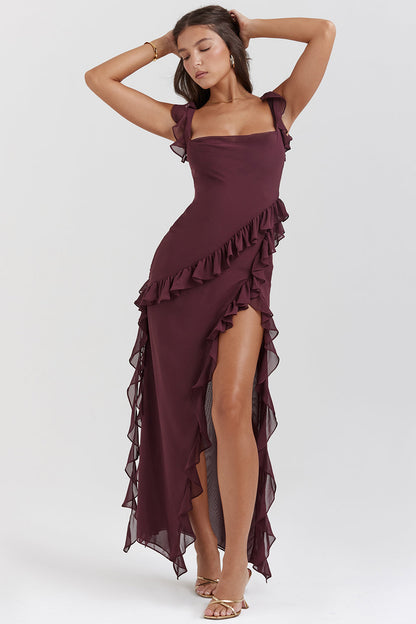 Évanya - Elegantes Maxikleid mit Cascading Rüschendetail und Hohem Schlitz