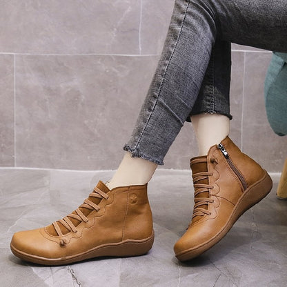 Orthopädische Leder Stiefeletten für Damen – Bequeme Schnürboots mit Reißverschluss & Breiter Zehenbox