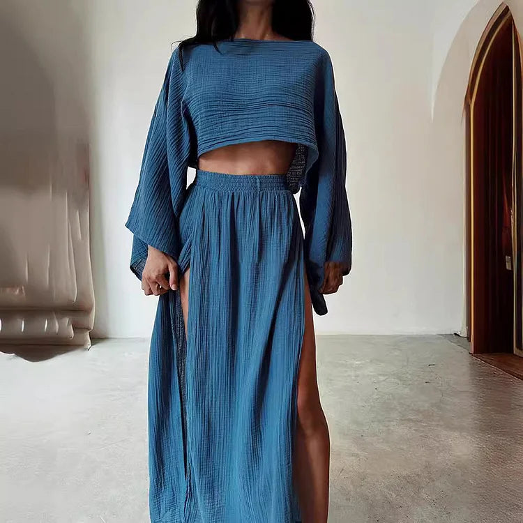 Alizenne - Leichtes und Elegantes Sommerensemble aus Leinen für den Urlaub, bestehend aus einem Langarm-Crop-Top mit weitem Schnitt und einem Maxi-Rock mit doppeltem seitlichen Schlitz
