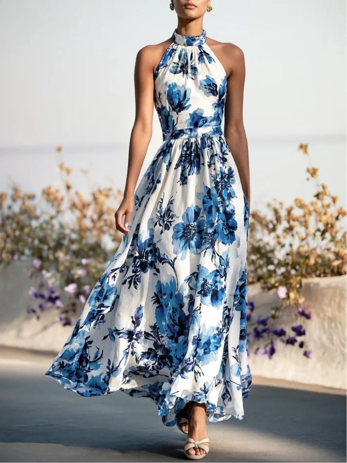 Florivie - Maxikleid aus Leinen, ärmellos, mit Halterneck, Blumenmuster, Vintage, weiß mit blauen Blumen