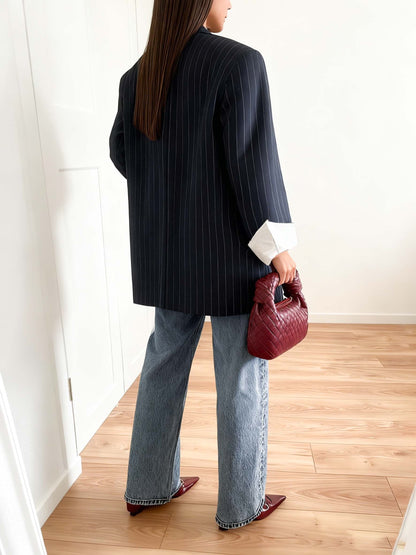 Alixane - Oversize Blazer gestreift Dunkelblau für Frauen mit Knöpfen – Frühlingsjacke