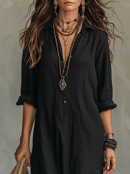 Lässiges Maxikleid mit Knopfleiste für Damen – Lockeres Hemdblusenkleid im Boho-Stil
