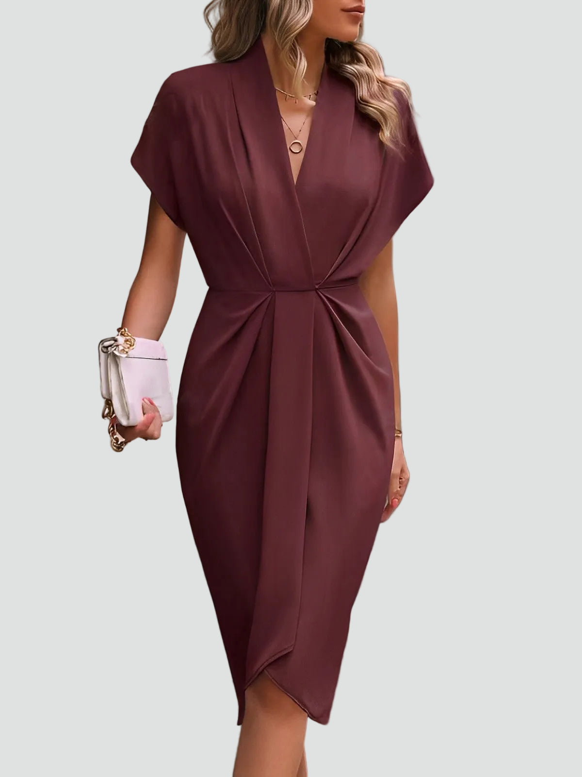 Figurbetontes Midikleid mit Drapierung – Elegantes V-Ausschnitt Kleid für Damen